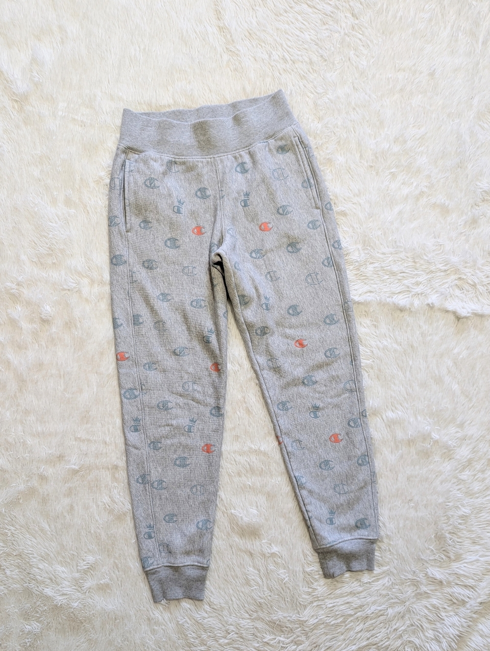 Champion Reverse Weave Grey Allover Blue/Orange Logo Sweatpant Jogger Size Small